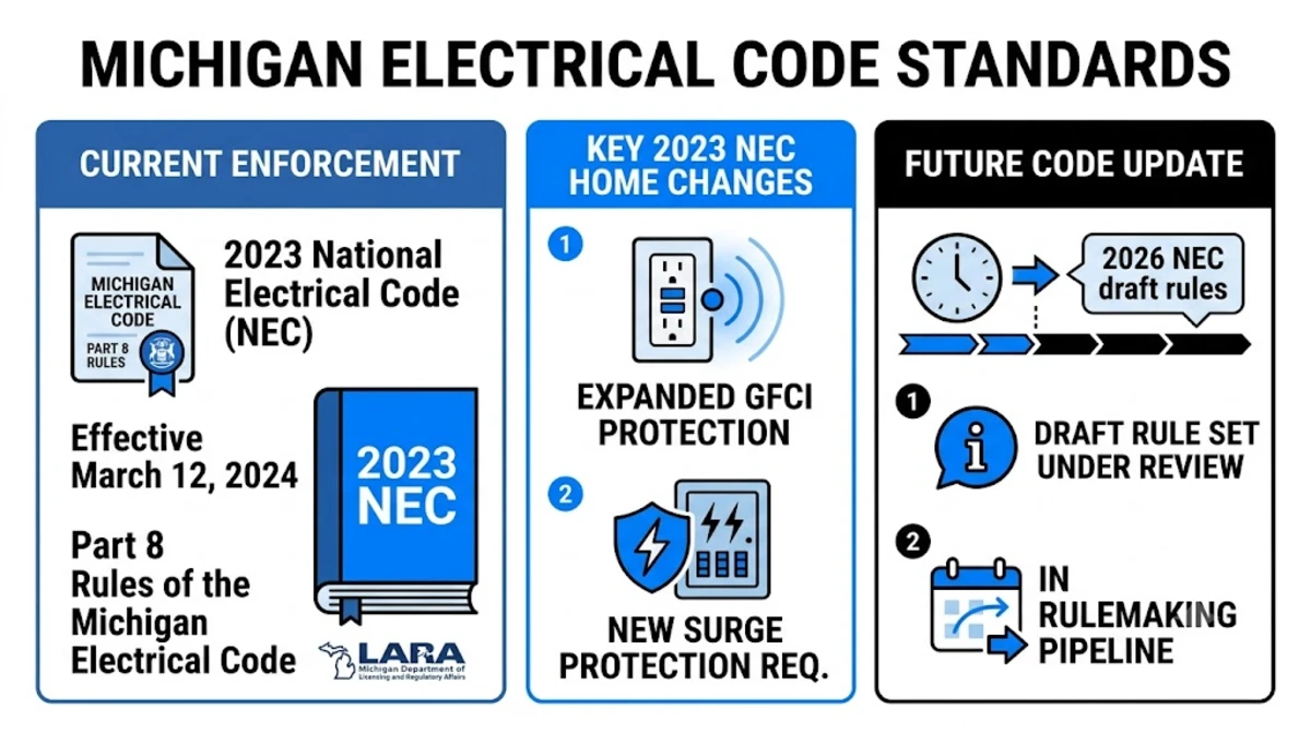 Code book and panel used to check an electrical permit in Michigan against the 2023 NEC